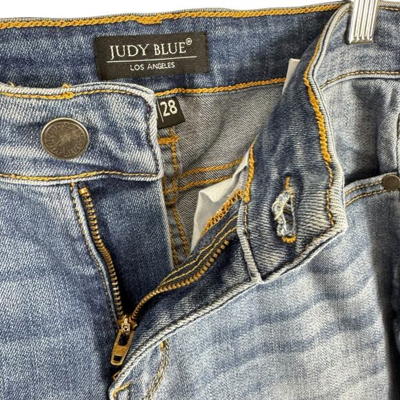 Judy Blue Cotton Blend JB82175MD Medium Wash Mid Rise Raw Hem Capri Jeans Sz 27 - Picture 7 of 11